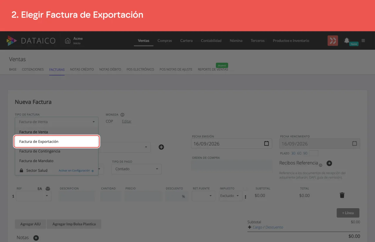La opción Factura de Exportación del selector de tipo