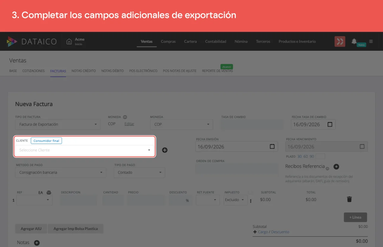 El formulario en modo exportación, con sus campos adicionales