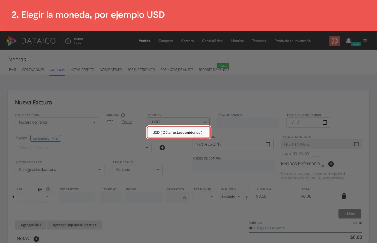 La opción USD en el listado de monedas