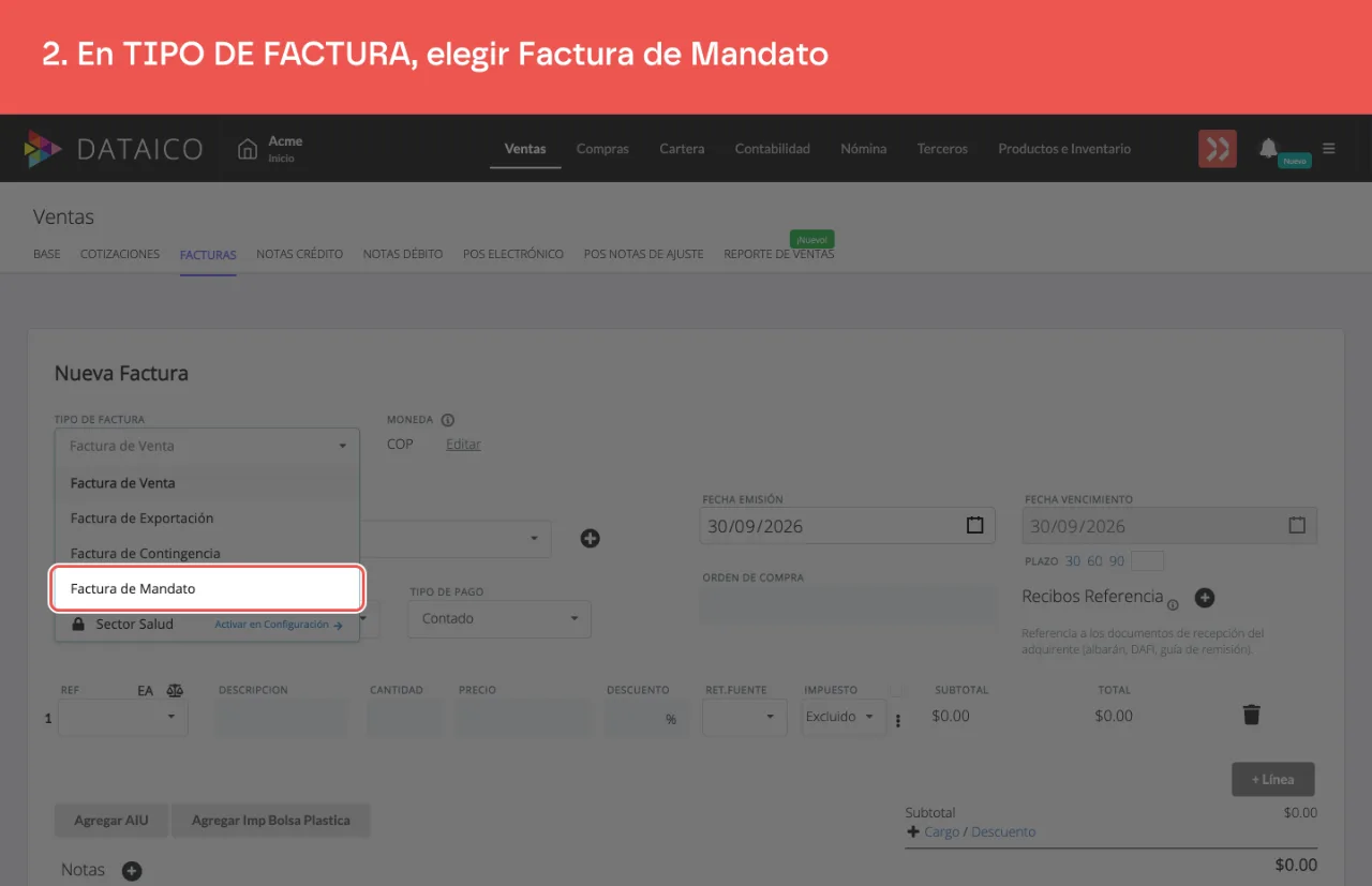 La opción Factura de Mandato en el selector de tipo