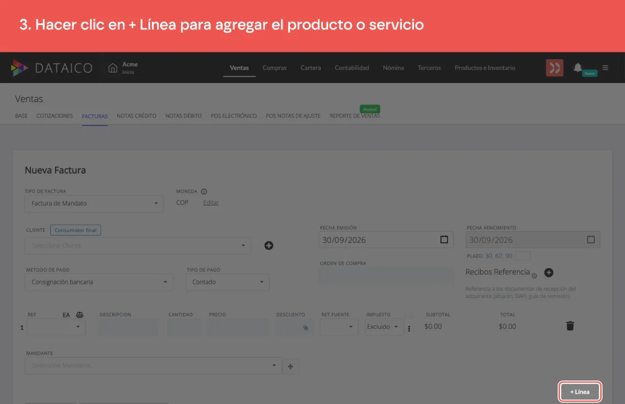 El control + Línea, que agrega un ítem a la factura