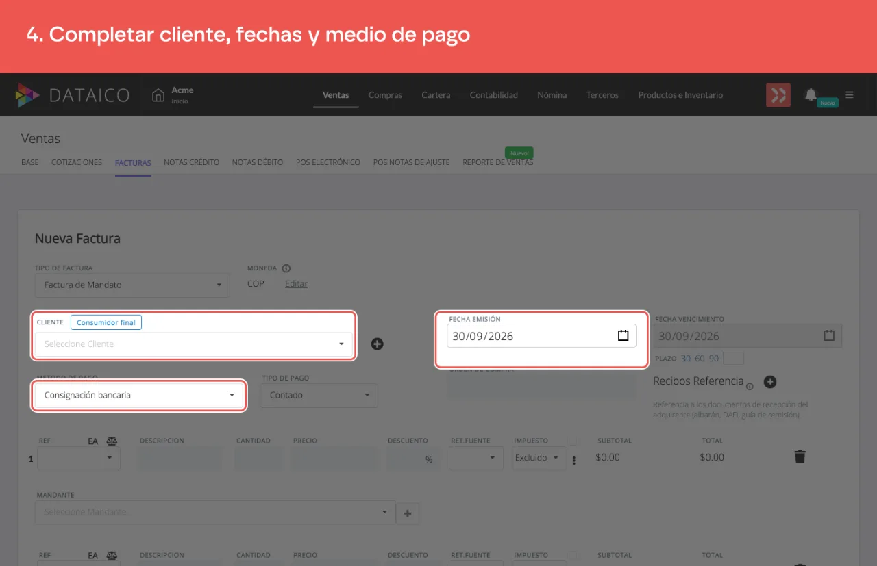 Los campos de cliente, fecha de emisión y medio de pago de la factura