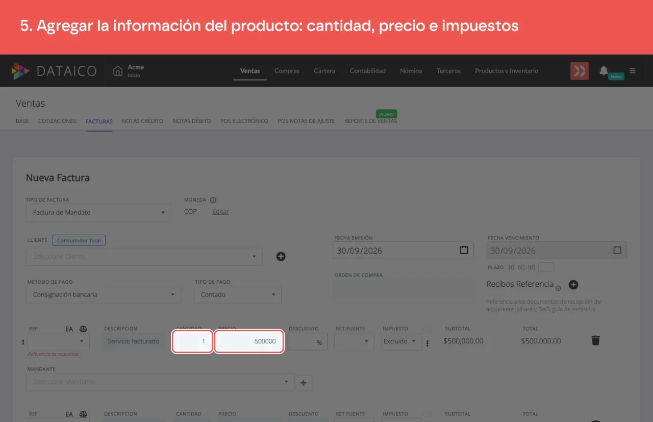 La línea de la factura, con su cantidad y su precio