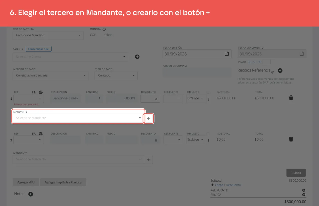 El campo Mandante de la línea, con el botón + que crea el tercero
