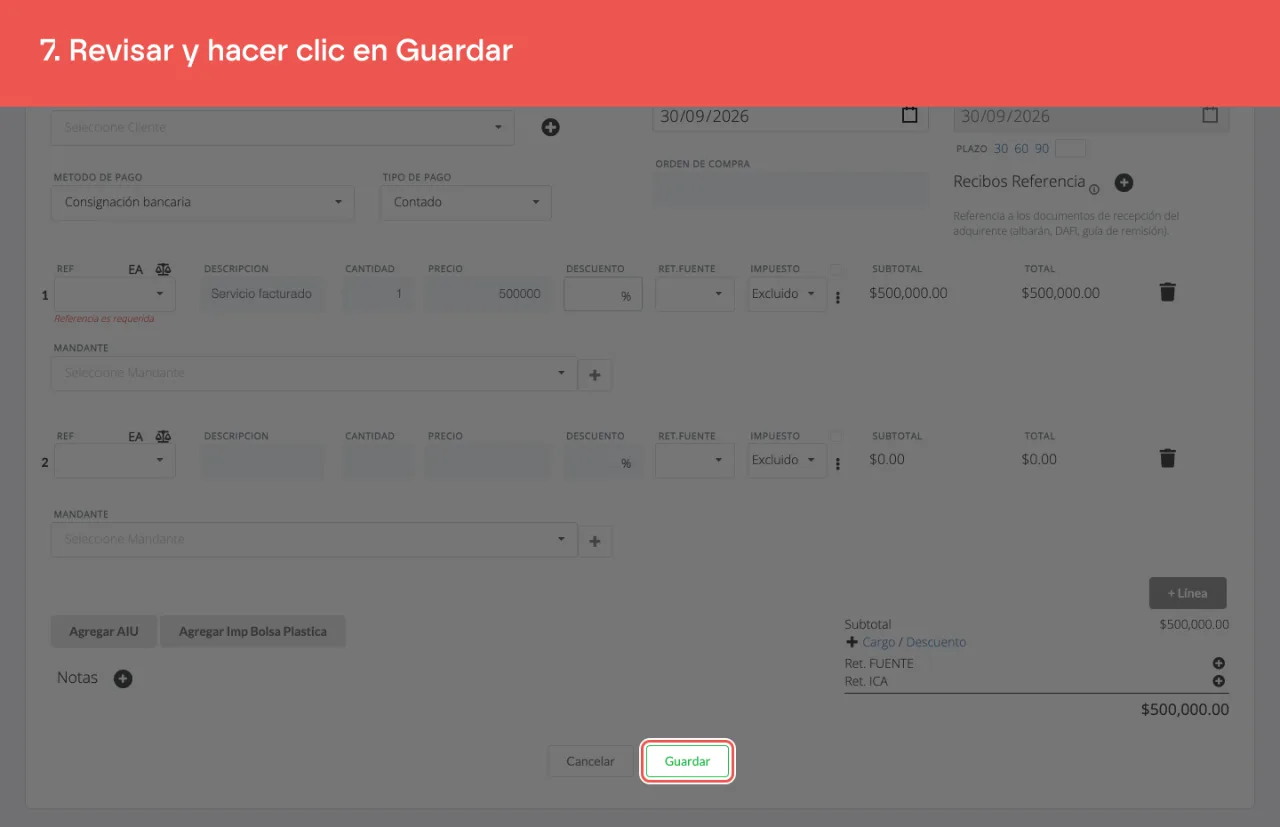 El botón Guardar del formulario de la factura