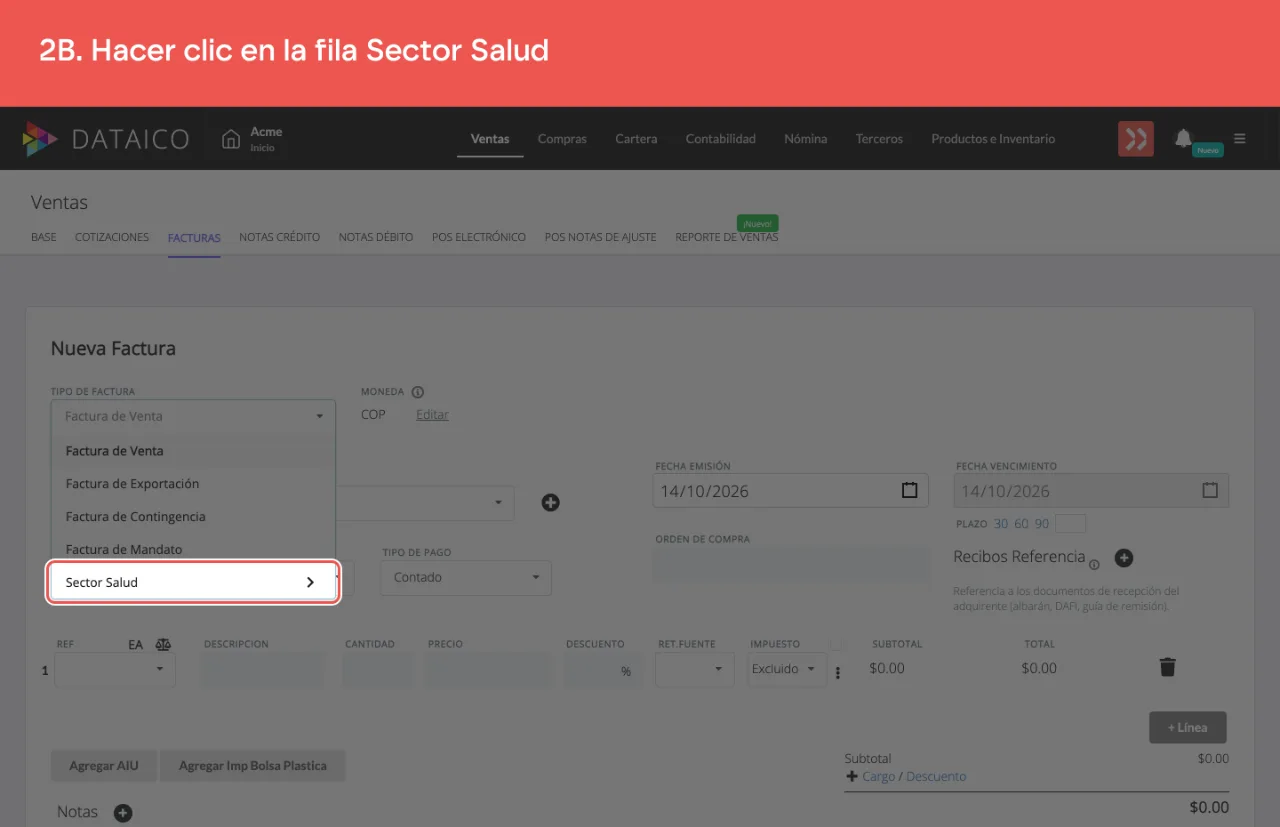 La fila Sector Salud del selector de tipo de factura, que despliega las operaciones del sector salud