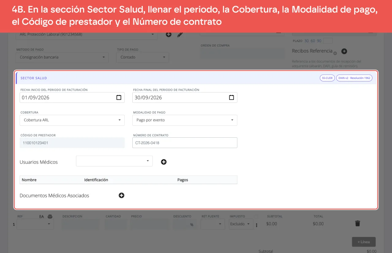 La sección Sector Salud completa: periodo de facturación del 1 al 30 de septiembre, cobertura ARL, pago por evento, código de prestador y número de contrato