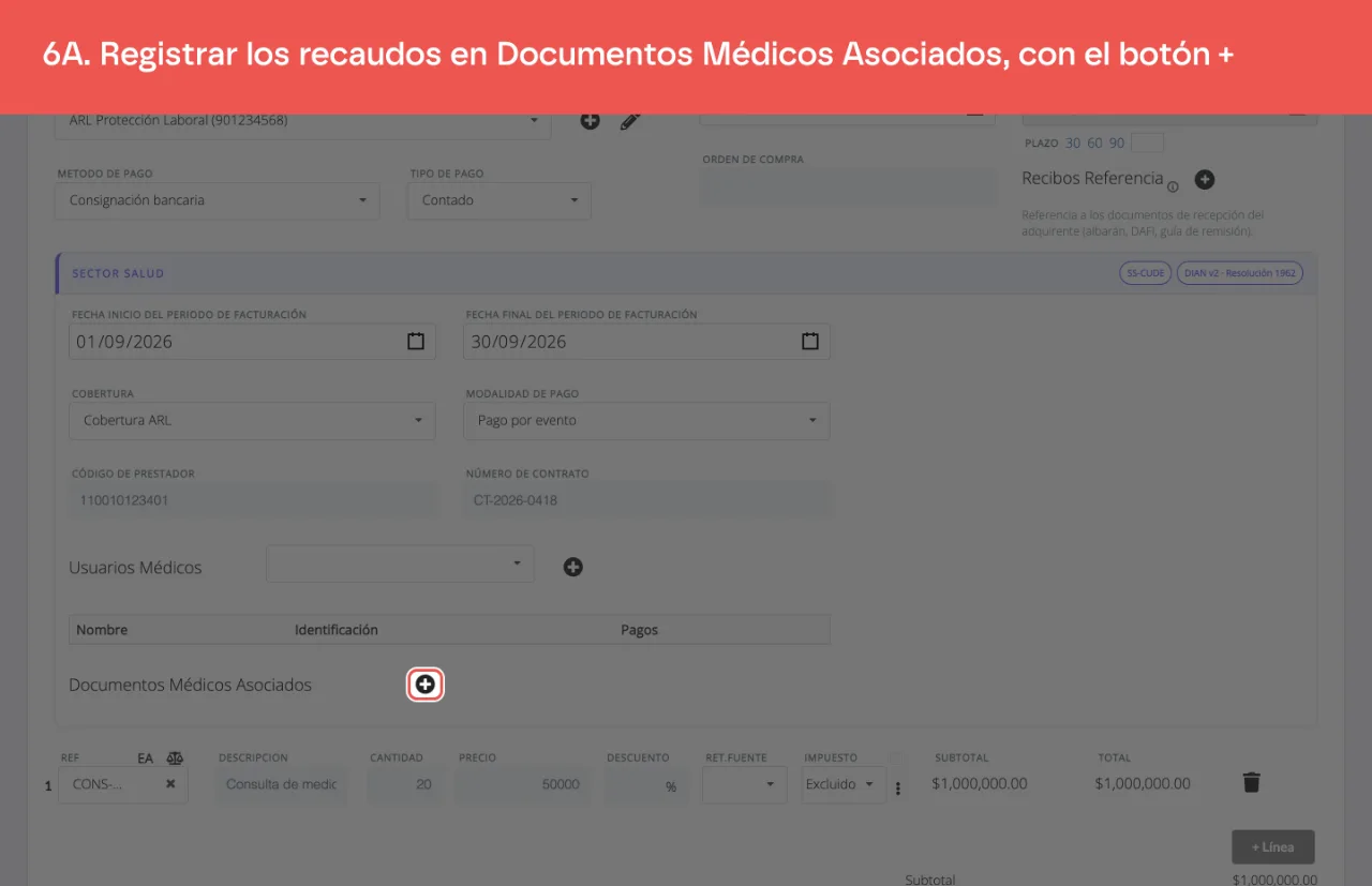 El botón + de Documentos Médicos Asociados, en la sección Sector Salud, que abre el panel lateral de una entrada