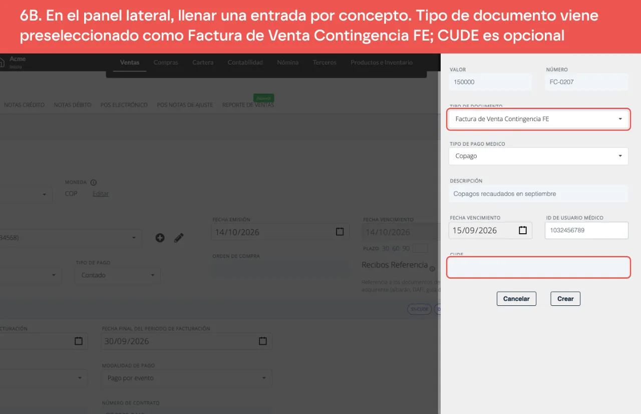 El panel lateral de un documento médico asociado: valor 150.000, número de la factura de contingencia, Factura de Venta Contingencia FE preseleccionada en Tipo de documento, Copago como tipo de pago médico, descripción, fecha, la identificación del paciente y el campo CUDE al final