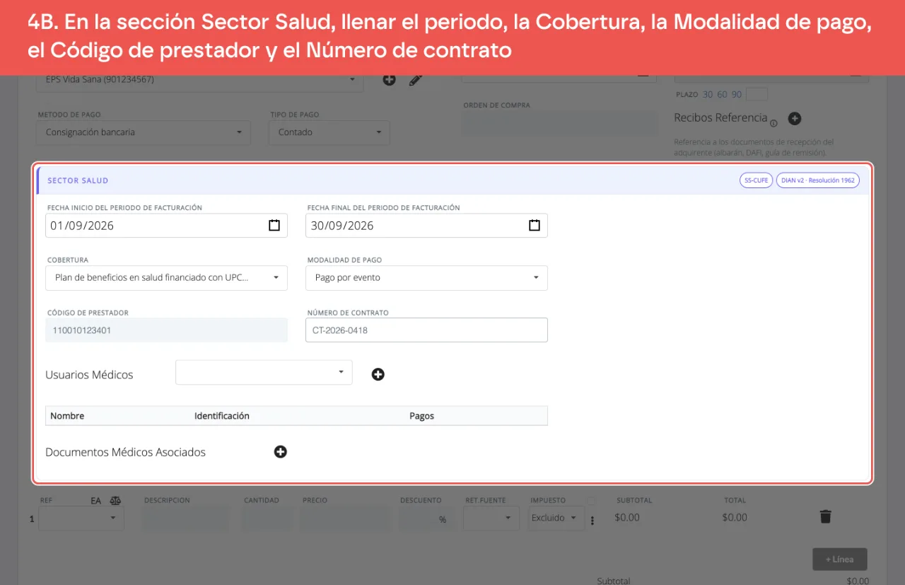 La sección Sector Salud completa: periodo de facturación del 1 al 30 de septiembre, cobertura del régimen contributivo, pago por evento, código de prestador y número de contrato