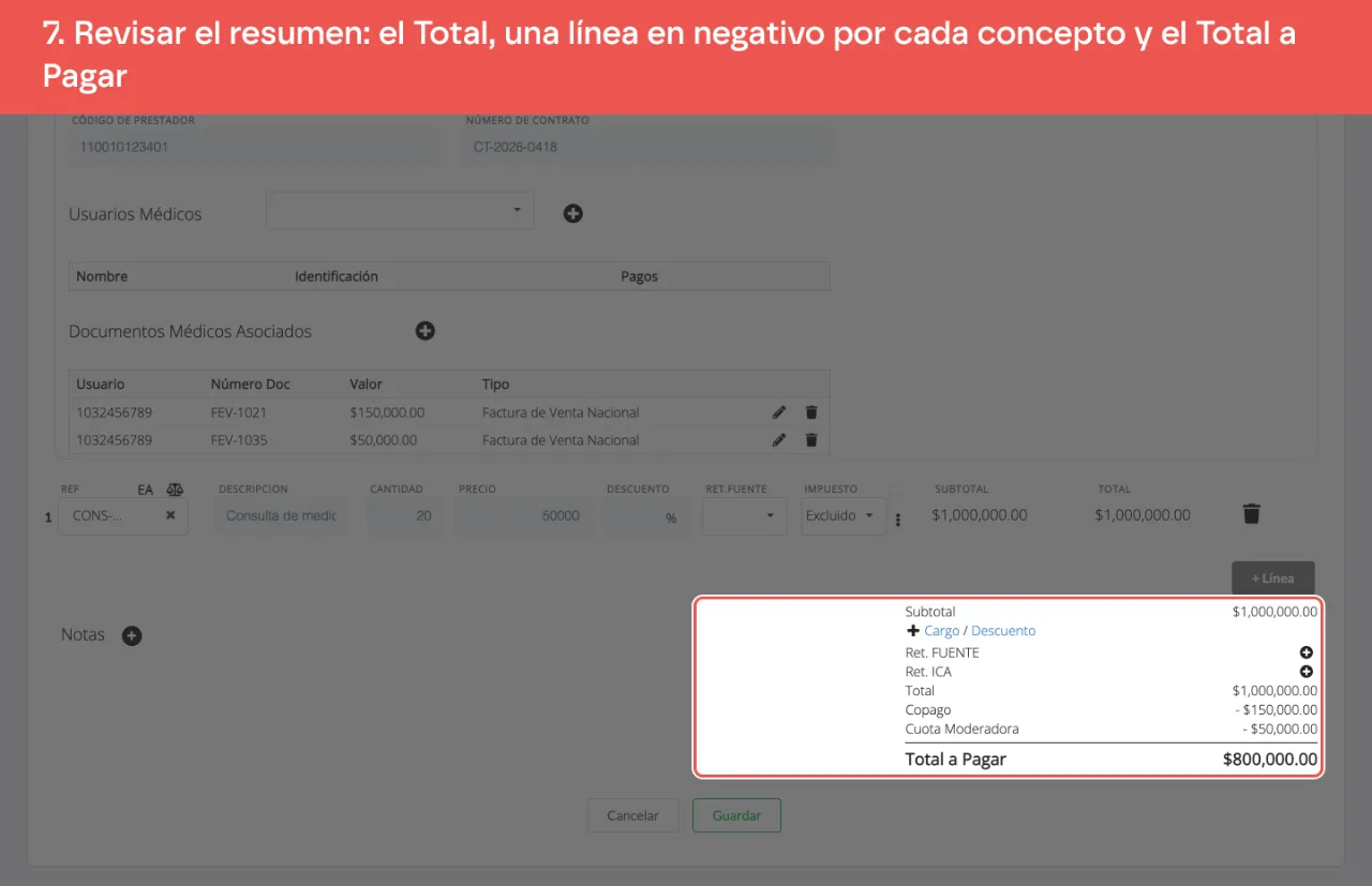 El resumen al pie de la factura, con el total de 1.000.000, el copago y la cuota moderadora restados en negativo y el Total a Pagar de 800.000
