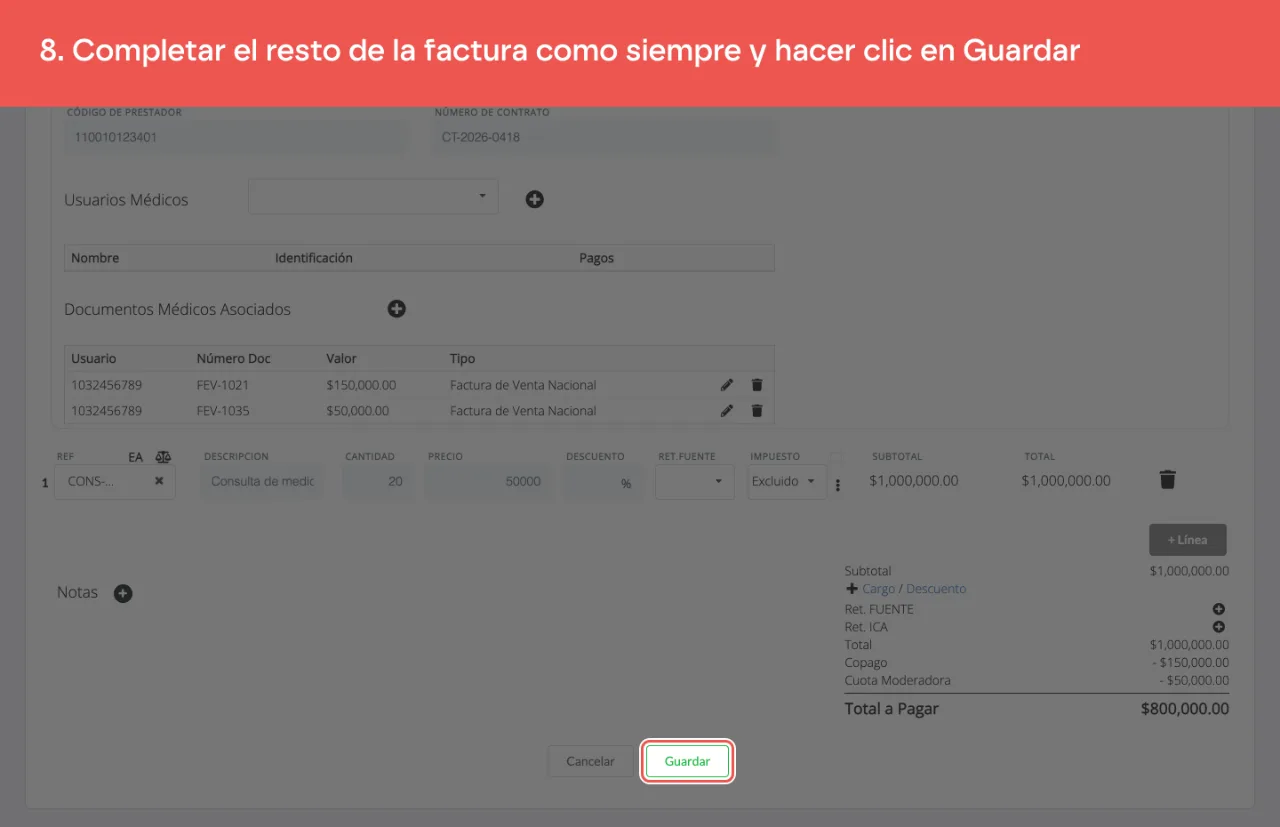El botón Guardar del formulario de factura