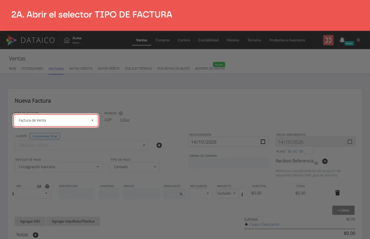 El selector de tipo de factura del formulario, arriba a la izquierda