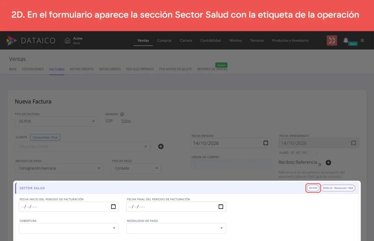 La sección Sector Salud del formulario de factura, con la etiqueta SS-POS y la versión DIAN v2 en su cabecera
