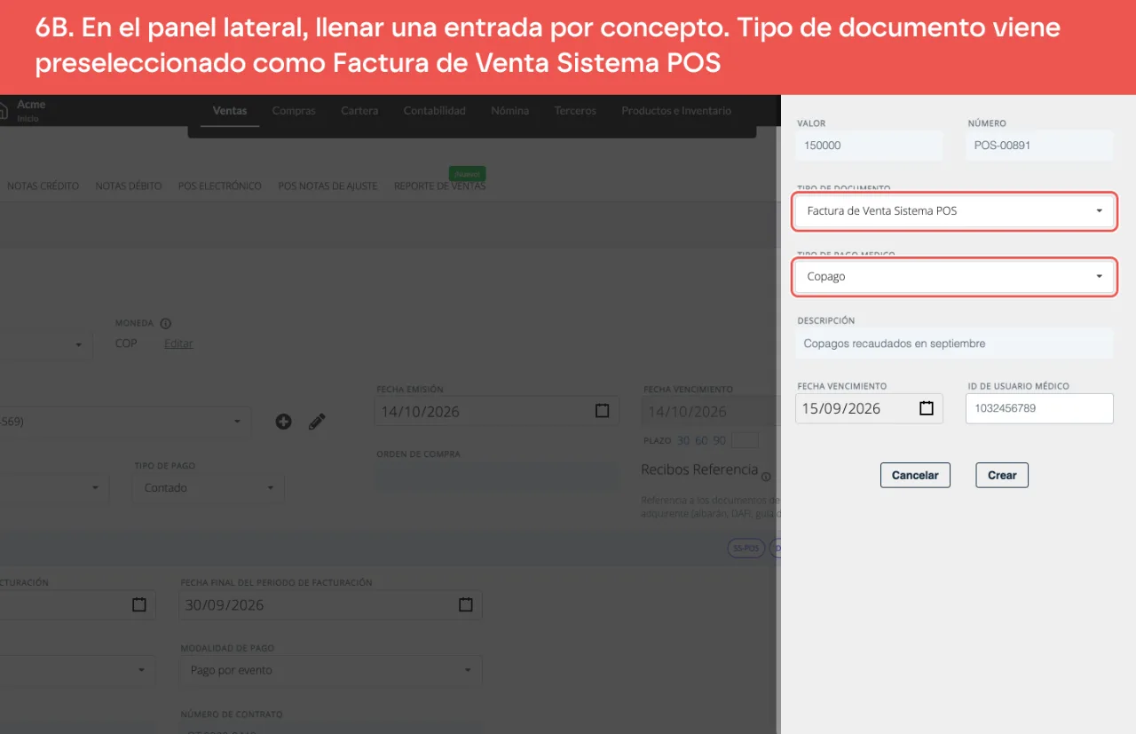 El panel lateral de un documento médico asociado: valor 150.000, número del documento POS, Factura de Venta Sistema POS preseleccionada en Tipo de documento, Copago como tipo de pago médico, descripción, fecha y la identificación del paciente; no hay campo CUFE ni CUDE