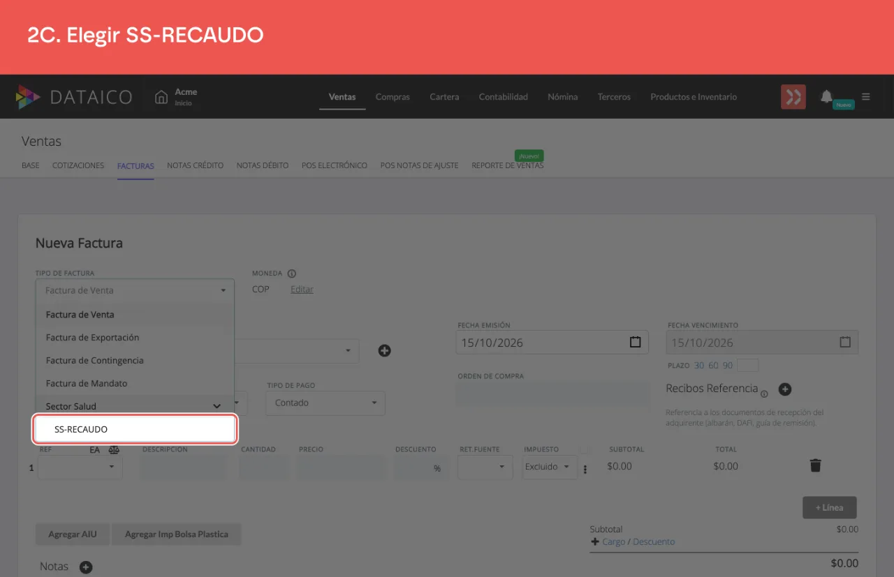 Las operaciones del sector salud desplegadas bajo la fila Sector Salud, con SS-RECAUDO señalada