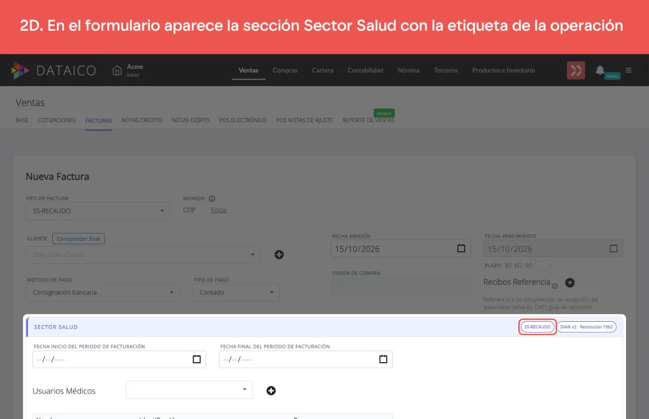 La sección Sector Salud del formulario de factura, con la etiqueta SS-RECAUDO y la versión DIAN v2 en su cabecera