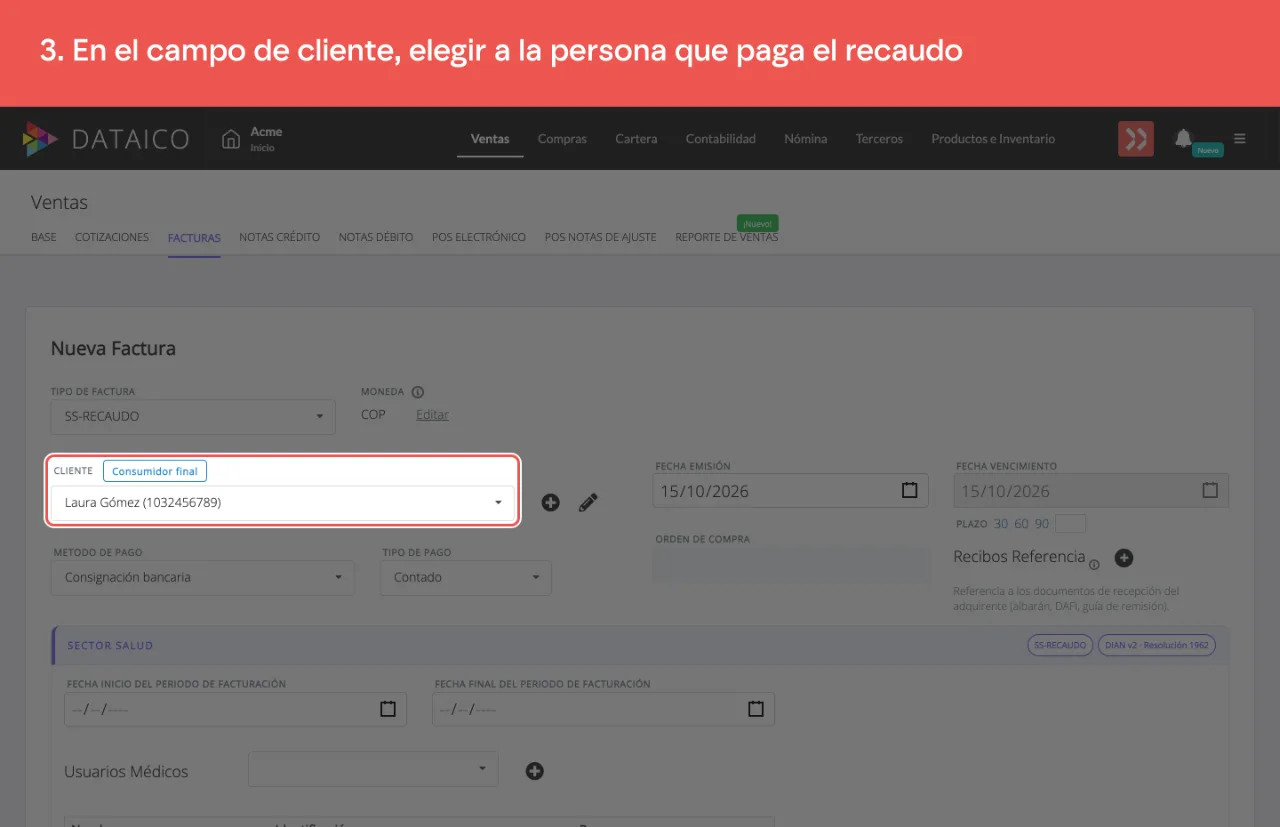 El campo de cliente del formulario de factura, con la persona que paga el copago elegida