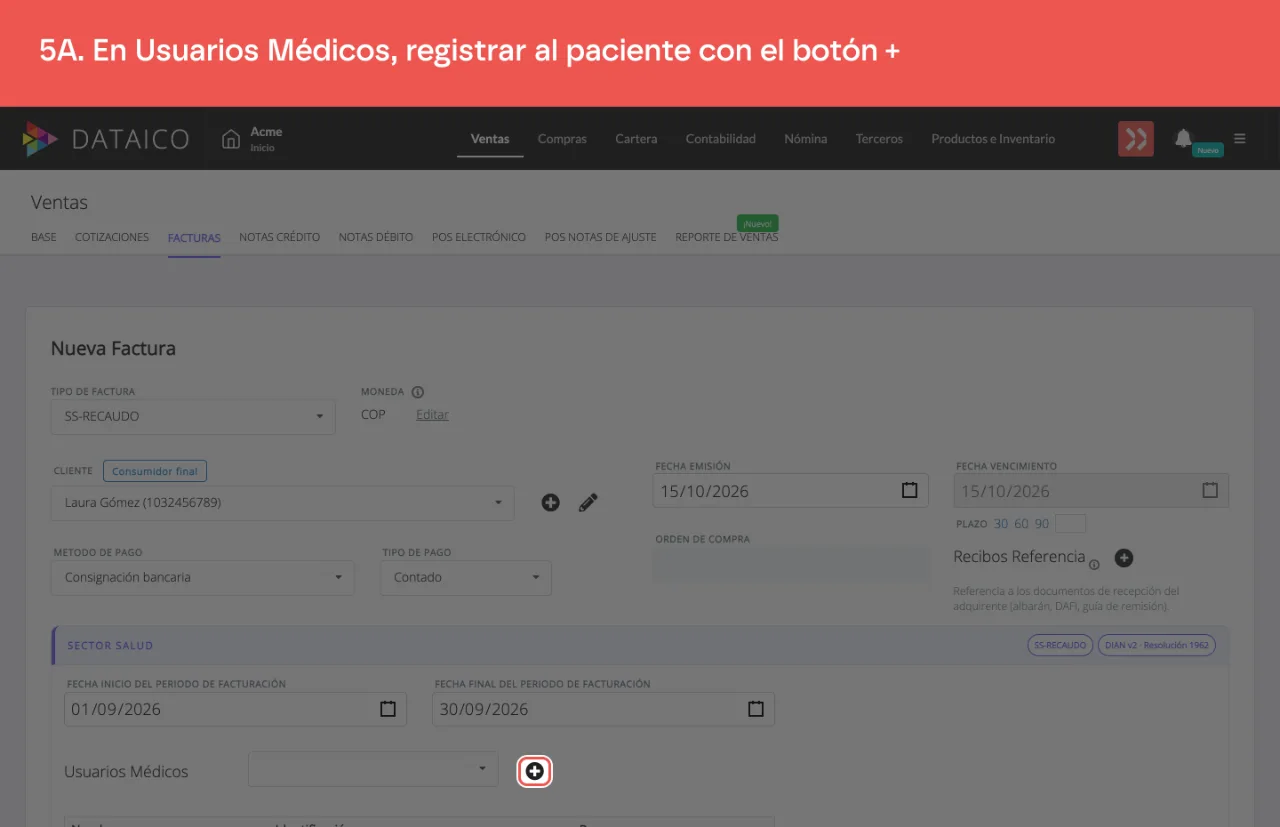 El botón + de Usuarios Médicos, en la sección Sector Salud, que abre el panel lateral del paciente