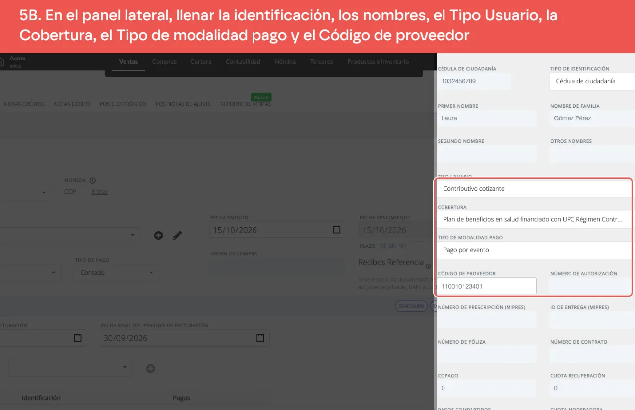 El panel lateral del usuario médico: cédula, nombres, Tipo Usuario en Contributivo cotizante, Cobertura del régimen contributivo, Pago por evento como modalidad y el código de proveedor