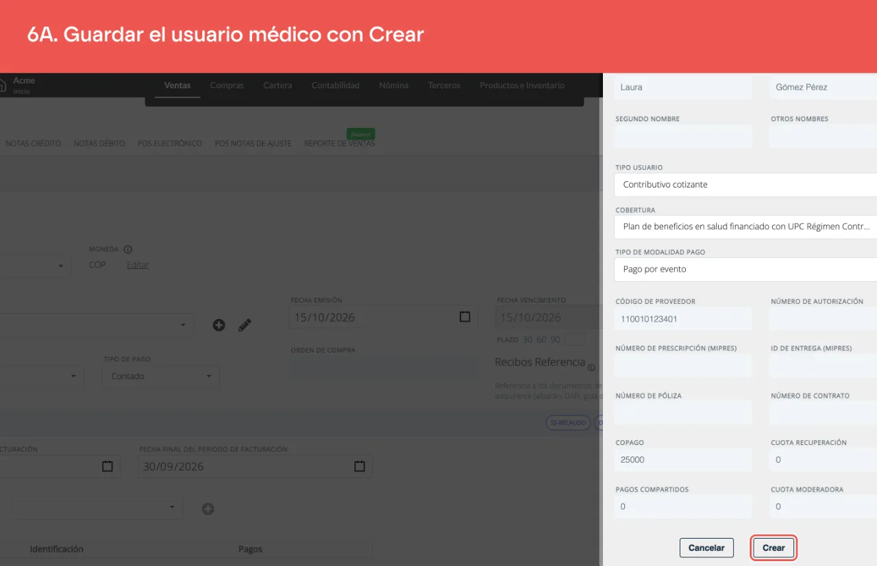El botón Crear al pie del panel del usuario médico