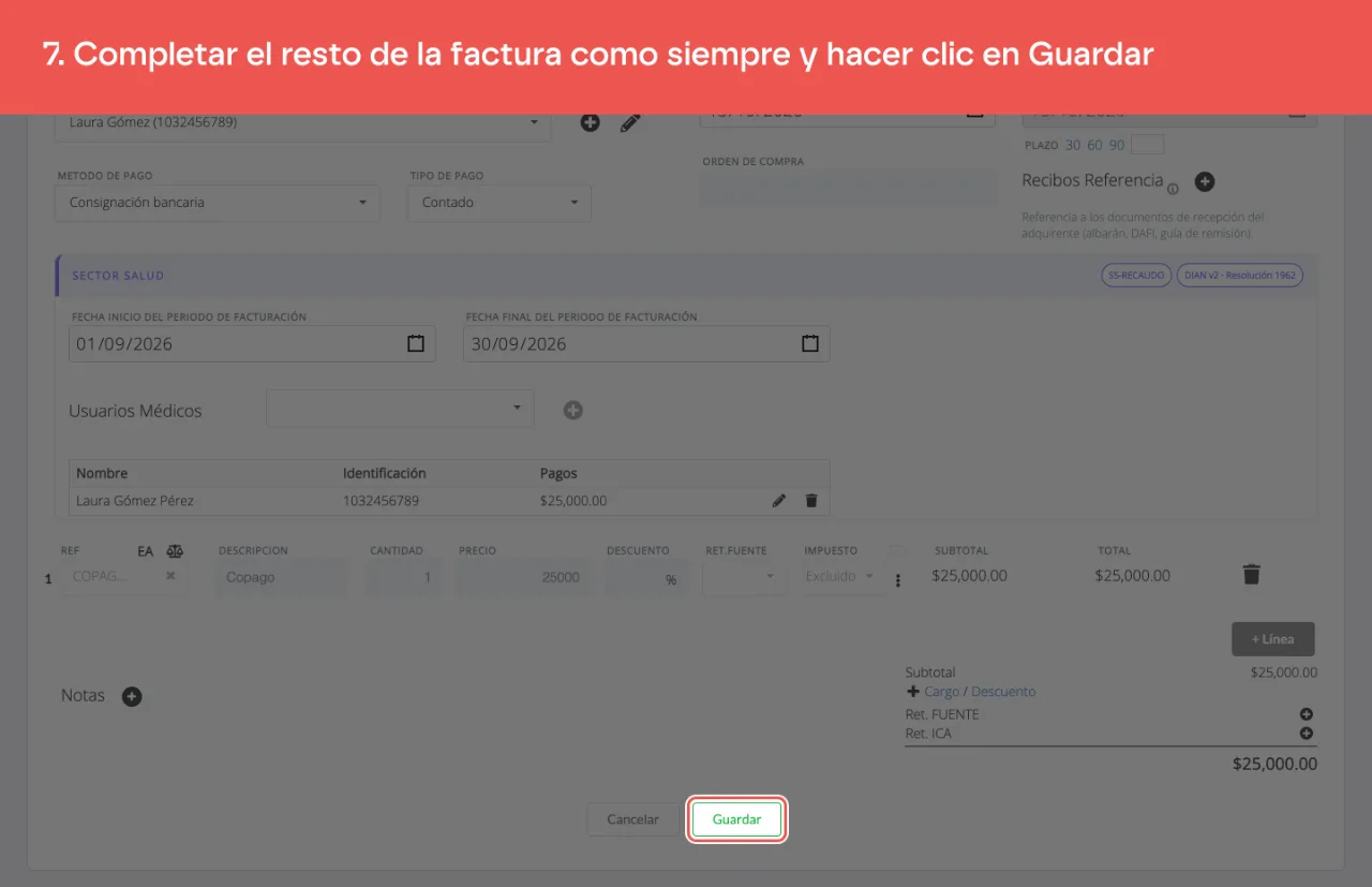 El botón Guardar del formulario de factura