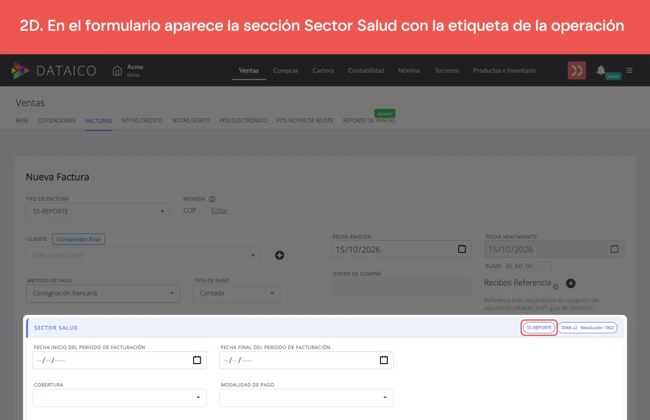 La sección Sector Salud del formulario de factura, con la etiqueta SS-REPORTE y la versión DIAN v2 en su cabecera