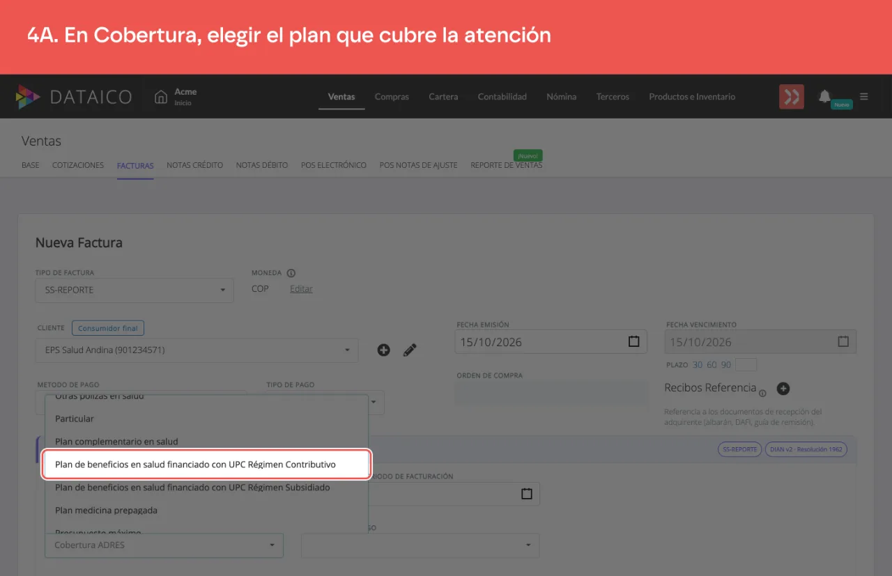 El selector Cobertura de la sección Sector Salud abierto, con el plan de beneficios financiado con UPC separado en Régimen Contributivo y Régimen Subsidiado