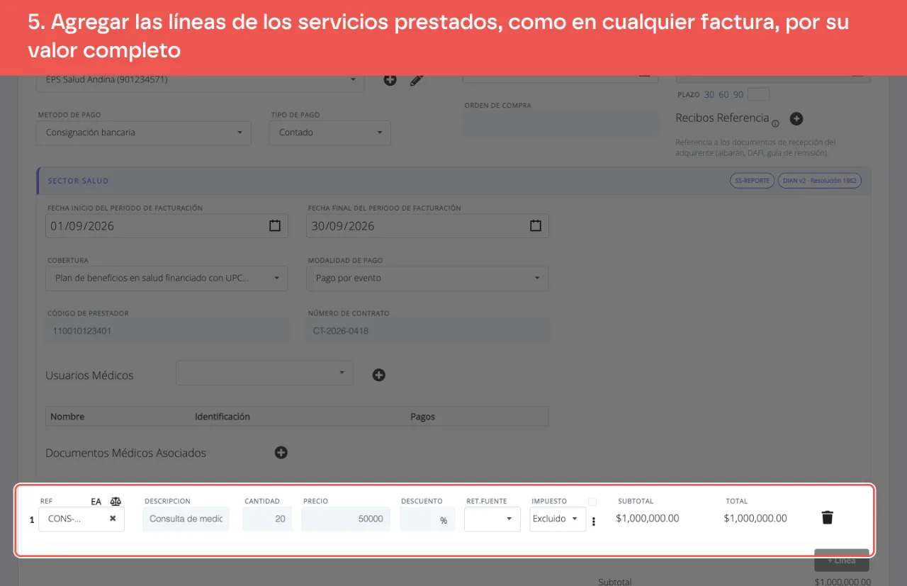 La primera línea de la factura: el servicio de consulta de medicina general, cantidad 20 y precio 50.000, para un total de 1.000.000