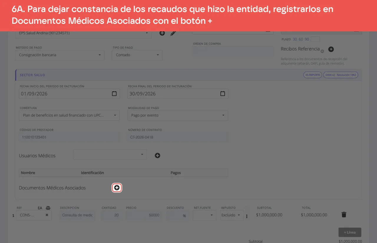 El botón + de Documentos Médicos Asociados, en la sección Sector Salud, que abre el panel lateral de una entrada