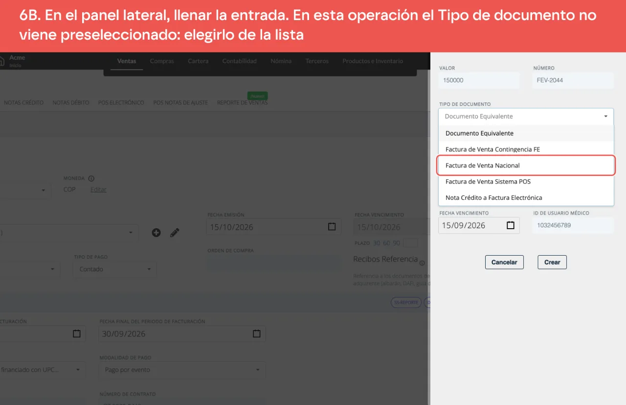 El panel lateral de un documento médico asociado en SS-Reporte, con la lista Tipo de documento abierta para elegir el documento del recaudo; valor, número, Copago, descripción, fecha e identificación del paciente ya llenos