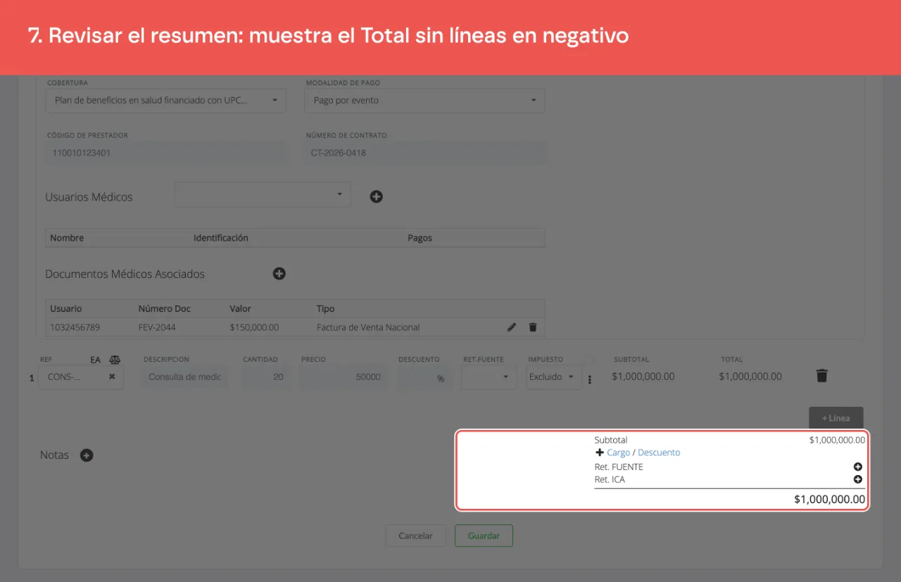 El resumen al pie de la factura en SS-Reporte: el total de 1.000.000 sin ninguna línea en negativo, porque el recaudo registrado es informativo y no se resta