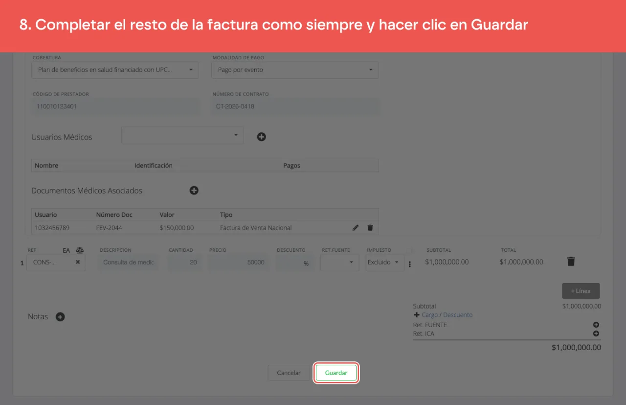 El botón Guardar del formulario de factura