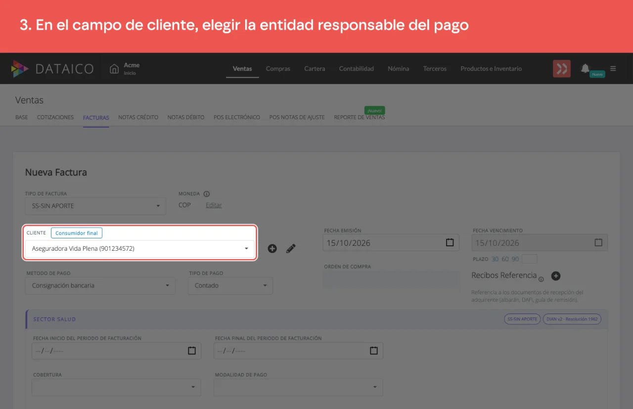 El campo de cliente del formulario de factura, con la entidad responsable del pago elegida