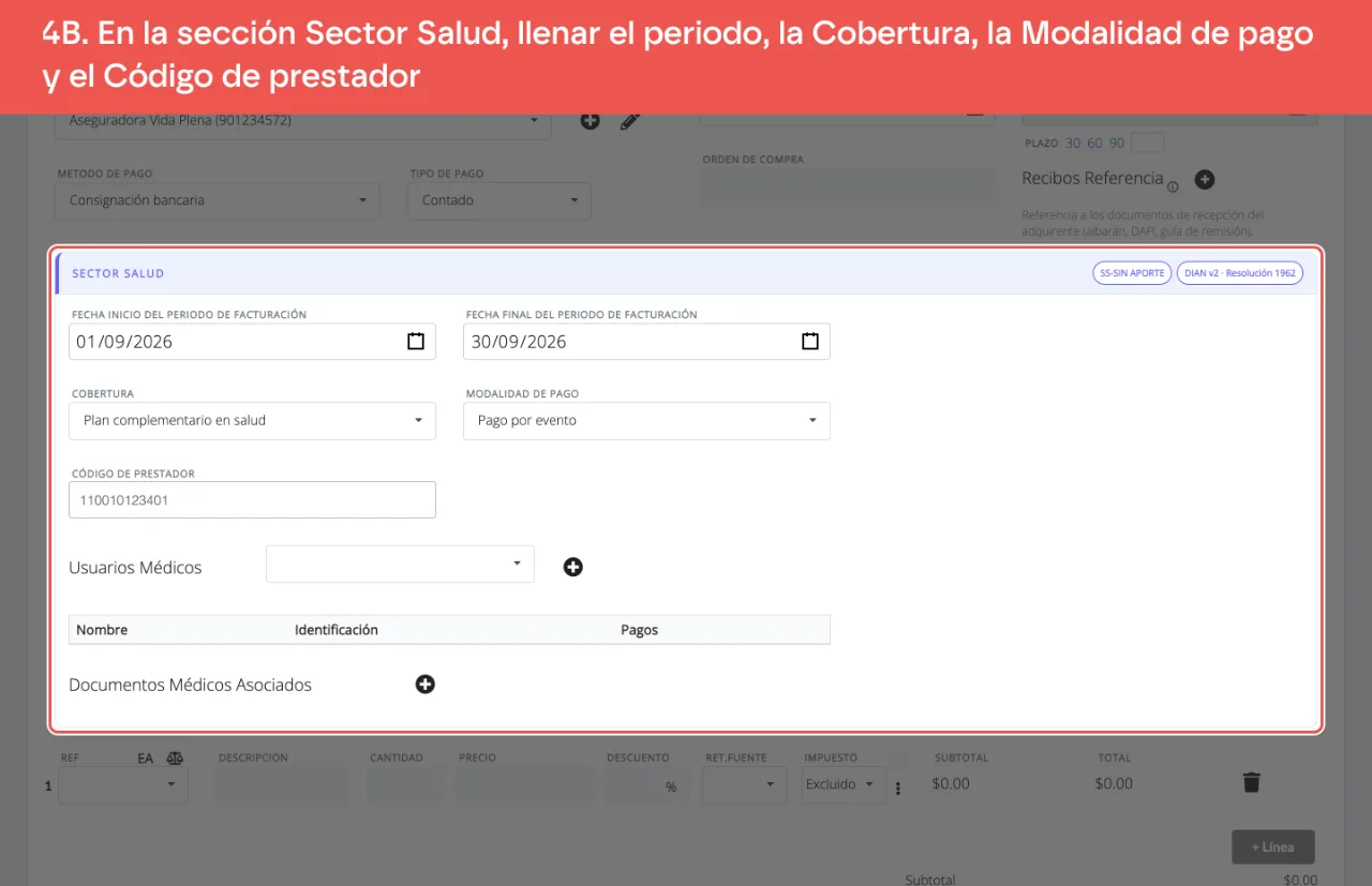 La sección Sector Salud completa en SS-SinAporte: periodo de facturación del 1 al 30 de septiembre, plan complementario en salud, pago por evento y código de prestador; no hay campo Número de contrato