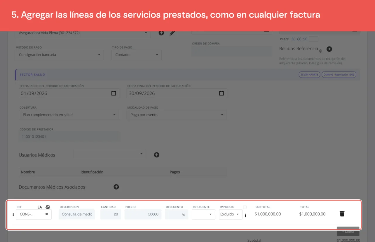 La primera línea de la factura: el servicio de consulta de medicina general, cantidad 20 y precio 50.000, para un total de 1.000.000