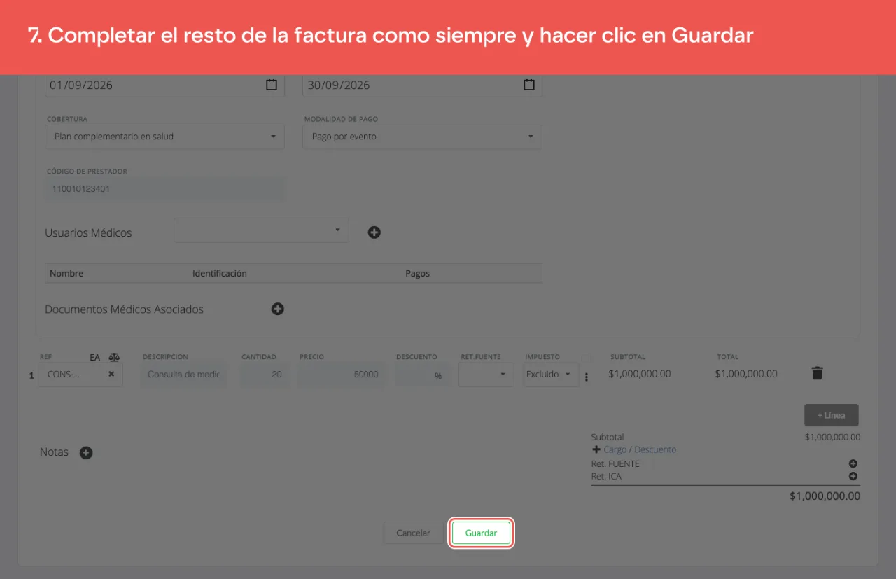 El botón Guardar del formulario de factura