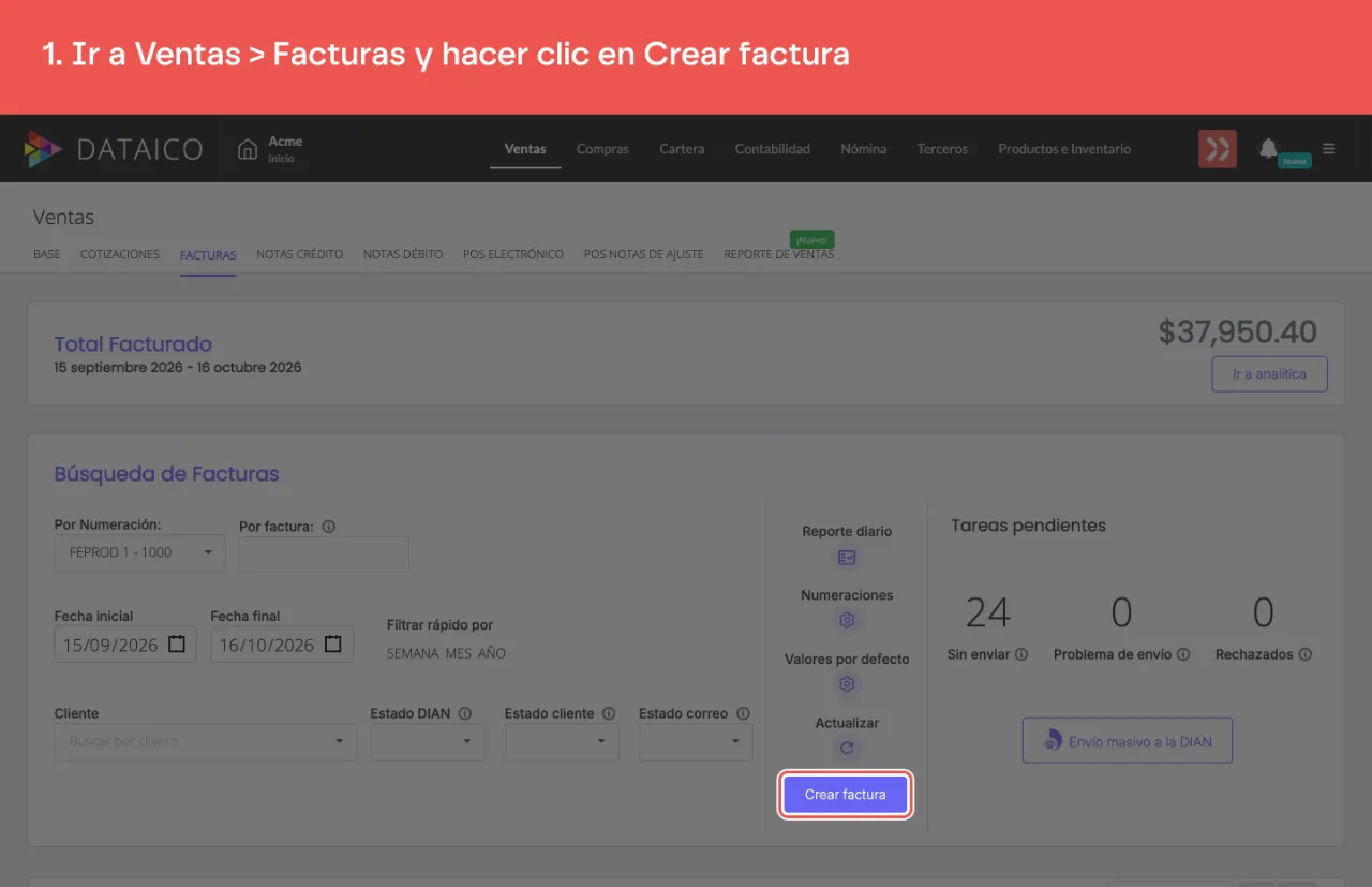 El botón Crear factura, en el listado de facturas