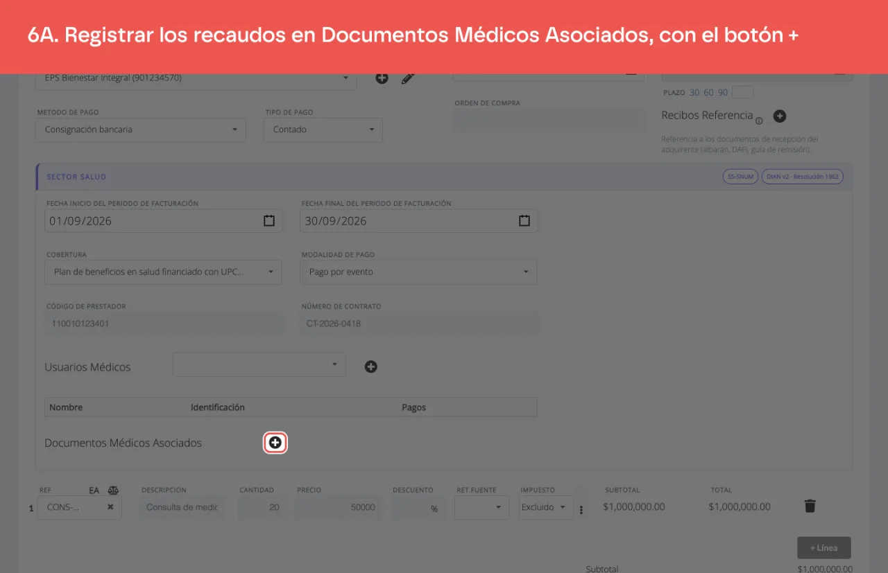 El botón + de Documentos Médicos Asociados, en la sección Sector Salud, que abre el panel lateral de una entrada