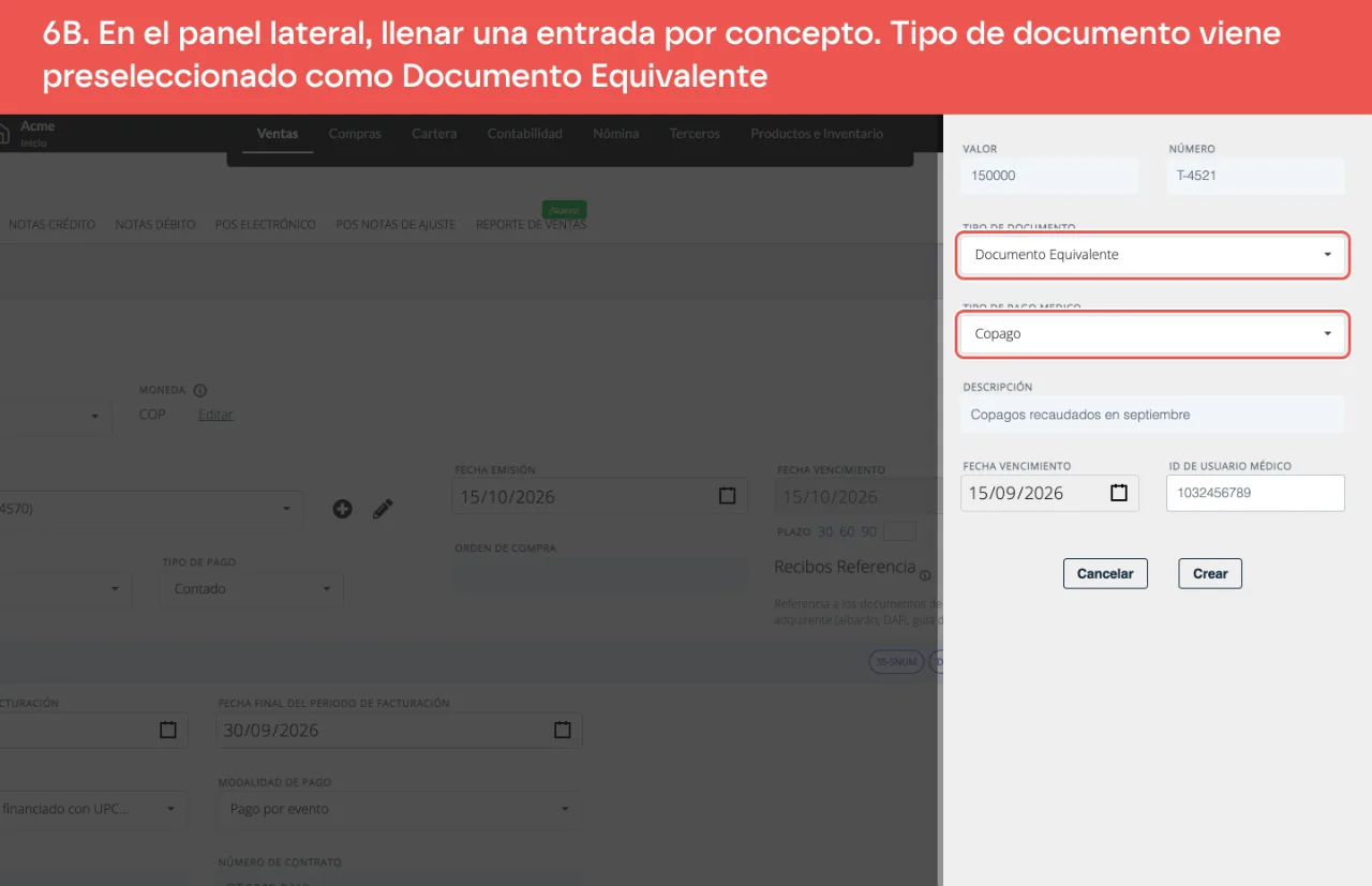 El panel lateral de un documento médico asociado: valor 150.000, número de la factura de talonario, Documento Equivalente preseleccionado en Tipo de documento, Copago como tipo de pago médico, descripción, fecha y la identificación del paciente; no hay campo CUFE ni CUDE