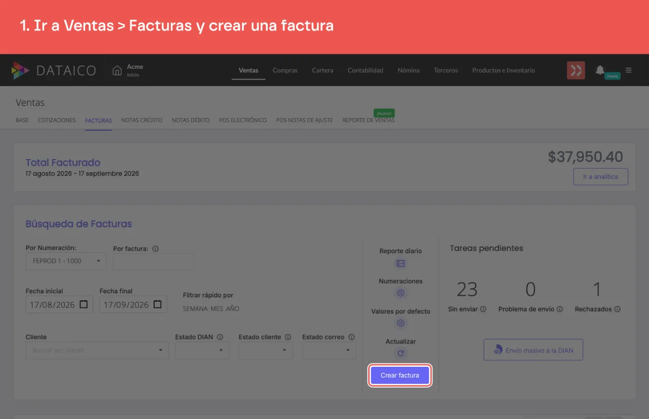 El botón Crear factura, en el listado de facturas