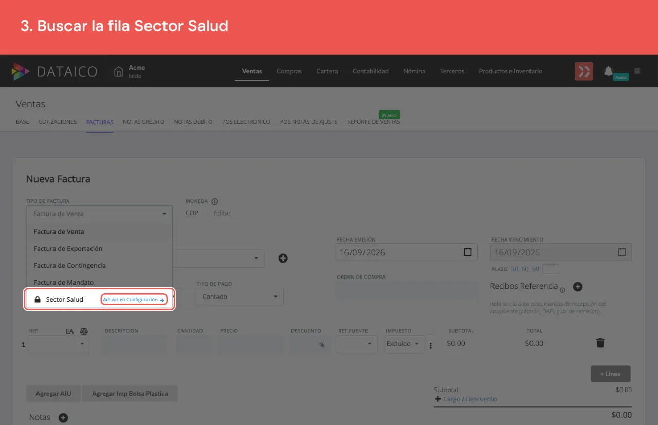 La fila Sector Salud con su candado y el texto Activar en Configuración