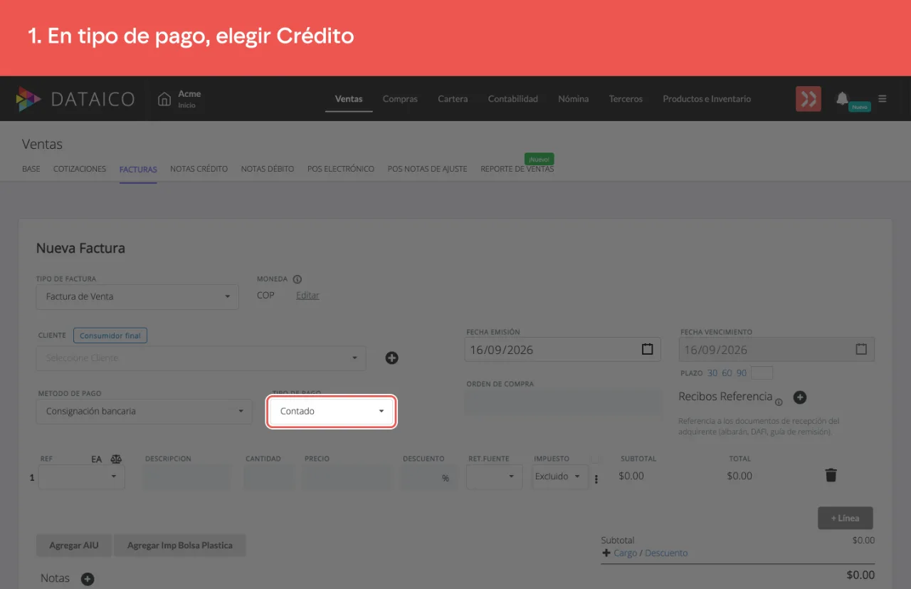 El selector de tipo de pago del formulario de la factura