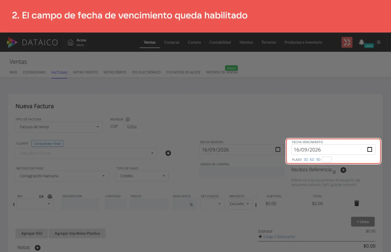 El campo de fecha de vencimiento, habilitado al elegir crédito