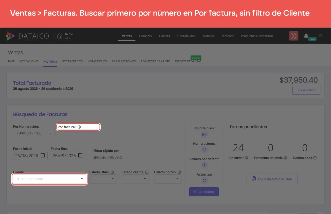 Los filtros del listado de facturas con el campo Por factura, para buscar por número, y el campo de cliente señalados