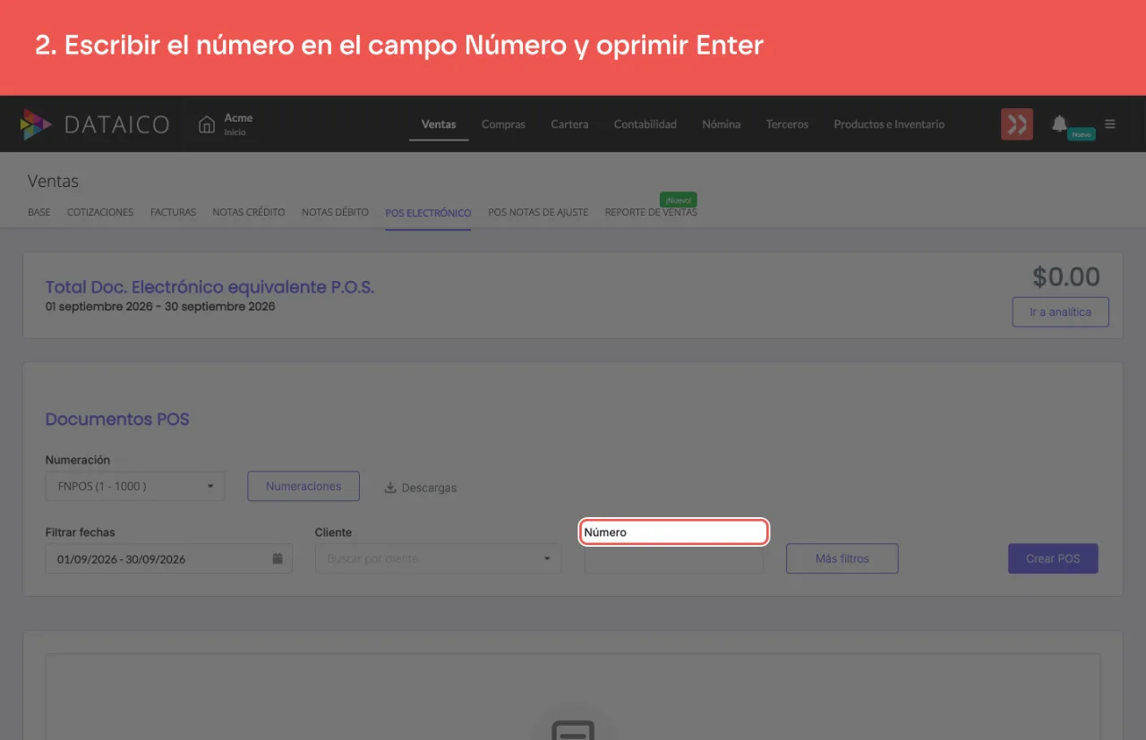 El campo Número del listado de documentos POS