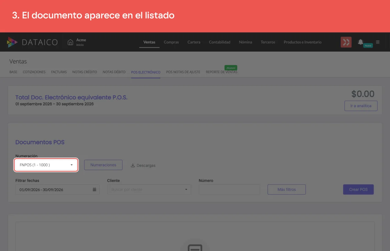 El listado de documentos POS con el filtro aplicado