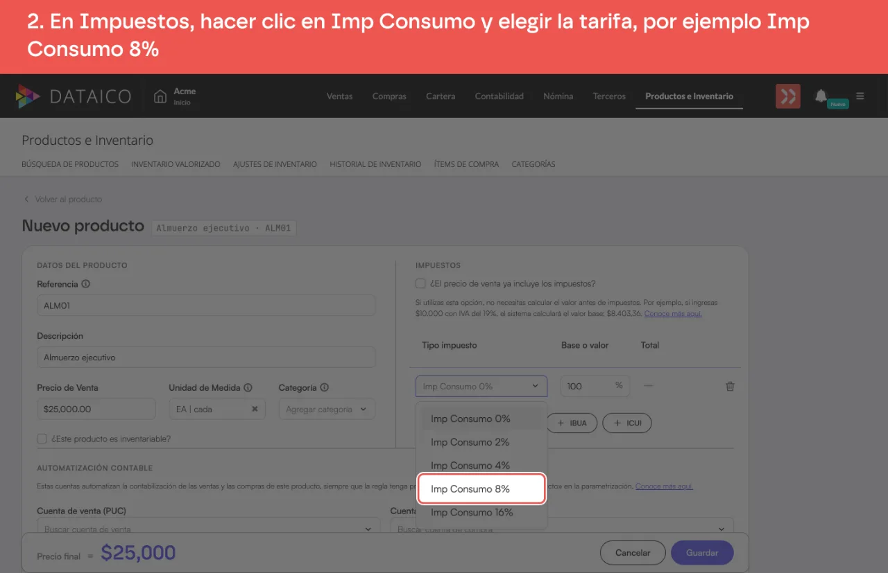 La fila Imp Consumo de la sección Impuestos del producto, con el selector de tarifa abierto en Imp Consumo 8%