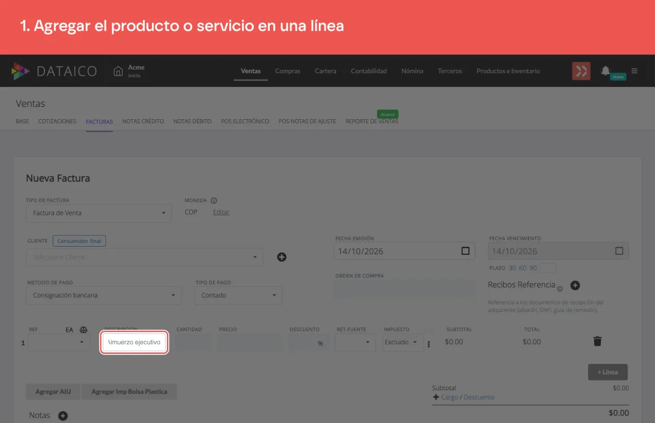 La descripción de la primera línea de la factura, con el servicio escrito