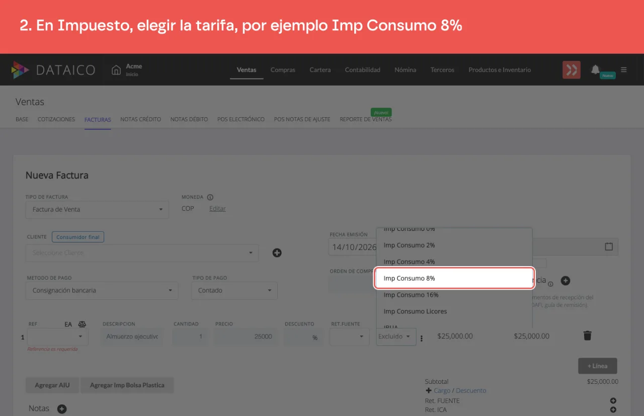 El campo Impuesto de la línea abierto, con las tarifas de IVA e impuesto al consumo y la opción Imp Consumo 8%